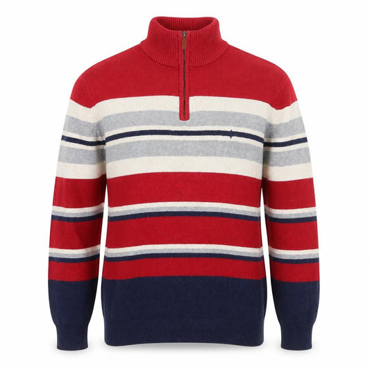 Front view of Maine New England men’s multicoloured v-neck striped cotton jumper, size M, long sleeve