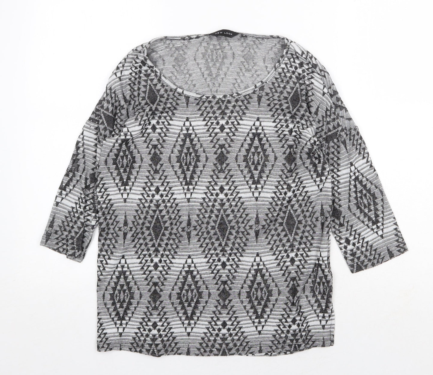 New Look Womens Grey Geometric Polyester Basic T-Shirt Size 8 Round Neck