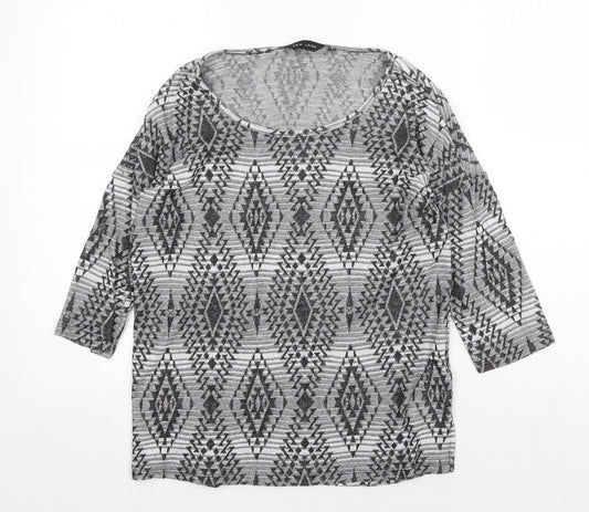 New Look Womens Grey Geometric Polyester Basic T-Shirt Size 8 Round Neck