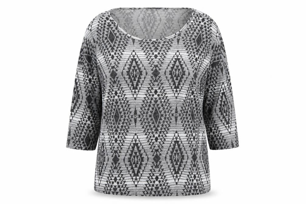 New Look Womens Grey Geometric Polyester Basic T-Shirt Size 8 Round Neck