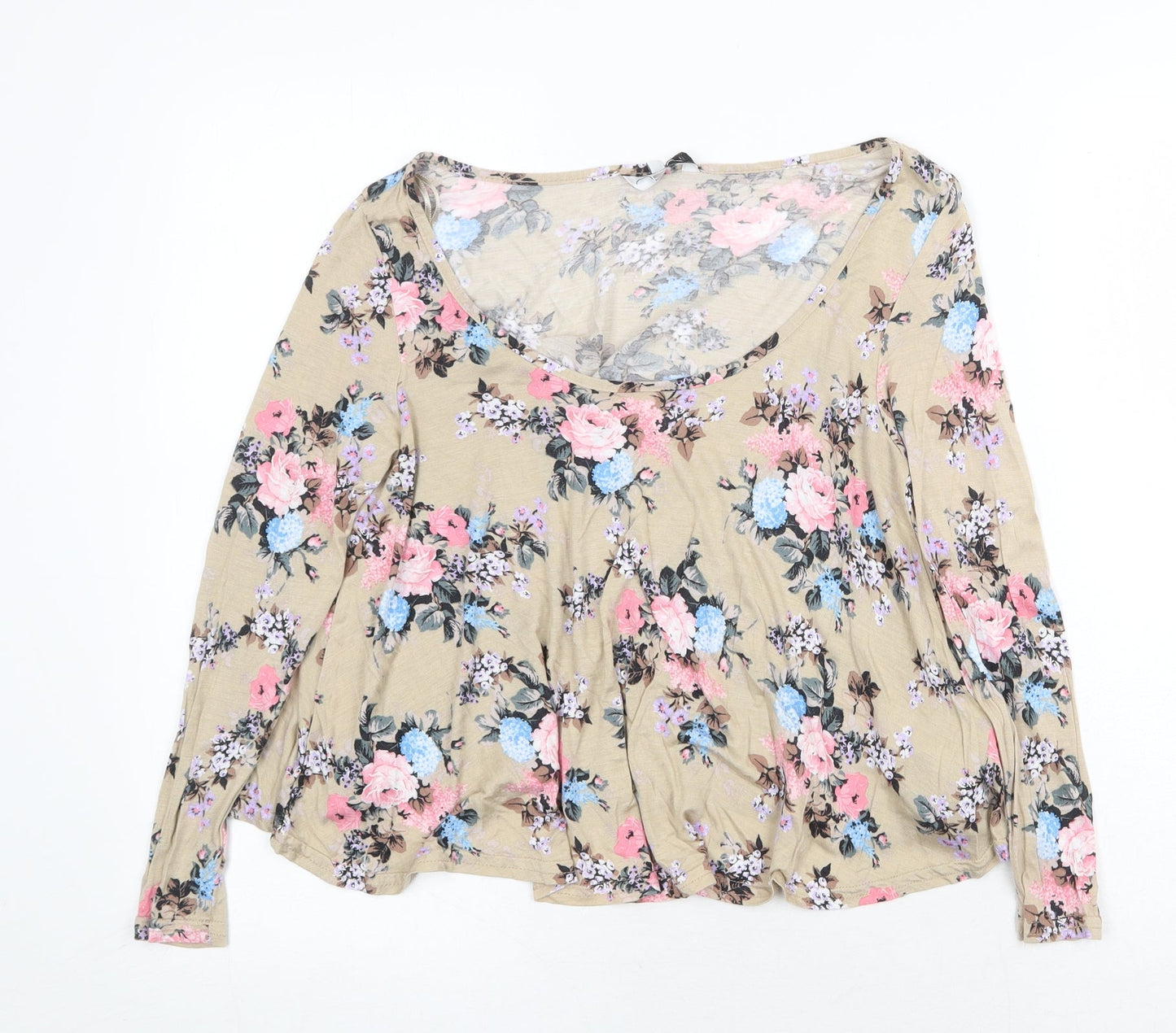 New Look Womens Beige Floral Viscose Basic Blouse Size 10 Round Neck