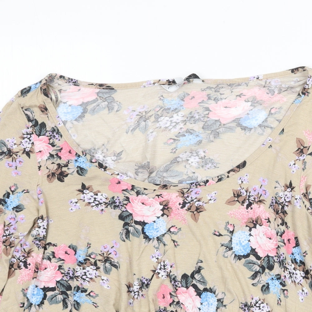 New Look Womens Beige Floral Viscose Basic Blouse Size 10 Round Neck