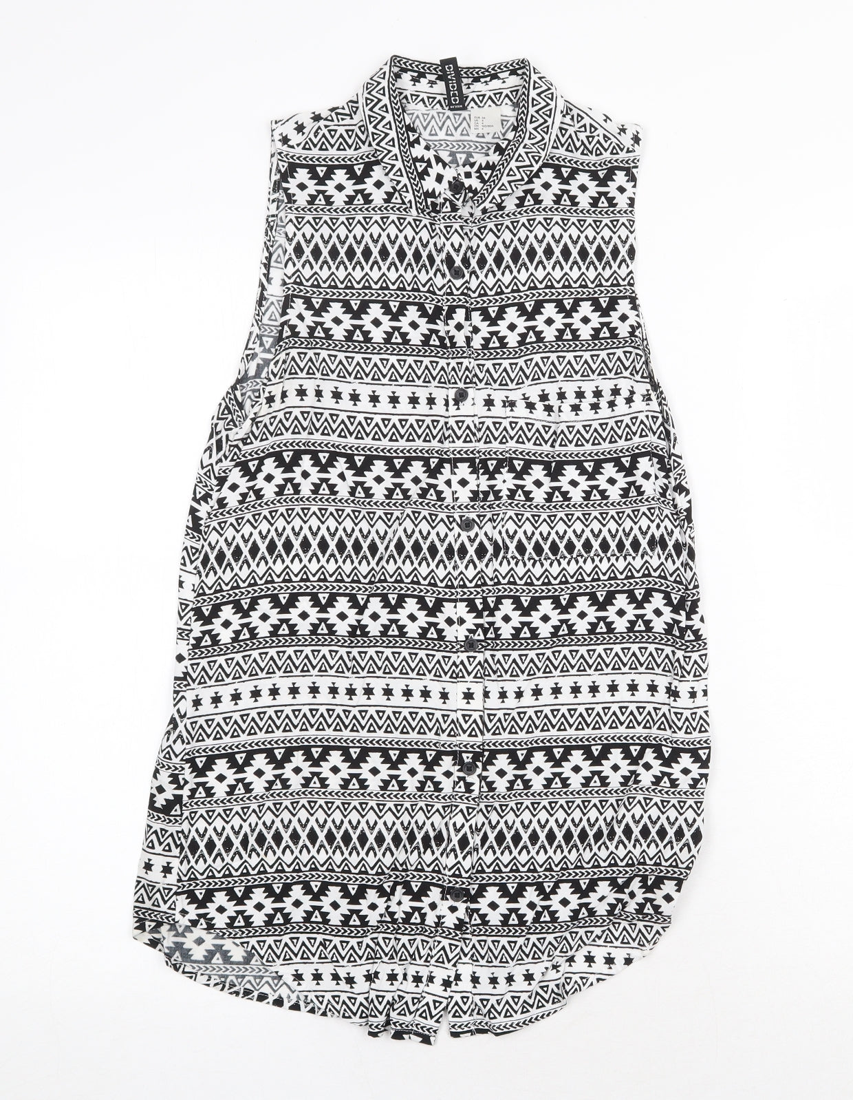 H&M Womens White Geometric Polyester Tunic Tank Size 8 Collared