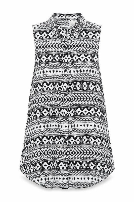 H&M Womens White Geometric Polyester Tunic Tank Size 8 Collared