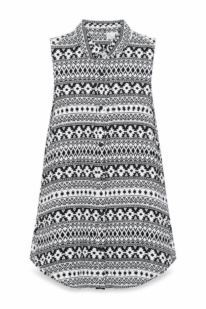 H&M Womens White Geometric Polyester Tunic Tank Size 8 Collared