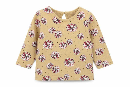 Matalan Girls Brown Floral Cotton Basic T-Shirt Size 6-9 Months Round Neck Button