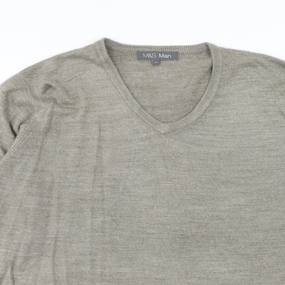Marks & Spencer Mens Grey V-Neck Acrylic Pullover Jumper Size L Long Sleeve