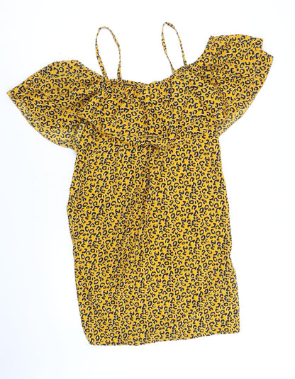 Pep&Co Womens Yellow Animal Print Polyester A-Line Size 8 Round Neck Pullover - Leopard Pattern