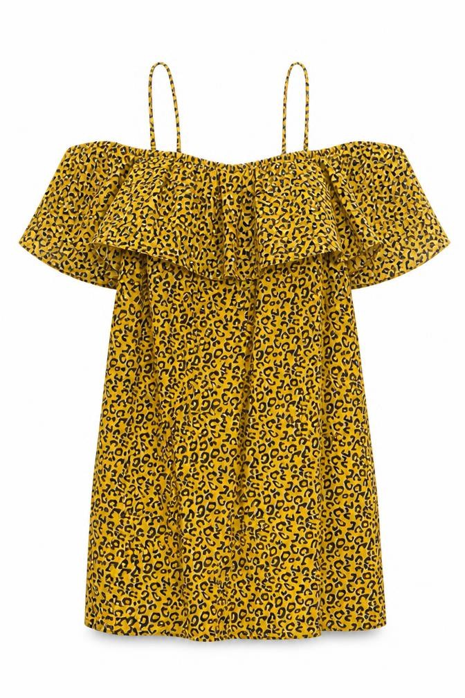 Pep & Co Womens Yellow Animal Print Polyester A-Line Size 8 Round Neck Pullover - Leopard Pattern