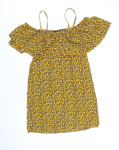 Pep&Co Womens Yellow Animal Print Polyester A-Line Size 8 Round Neck Pullover - Leopard Pattern