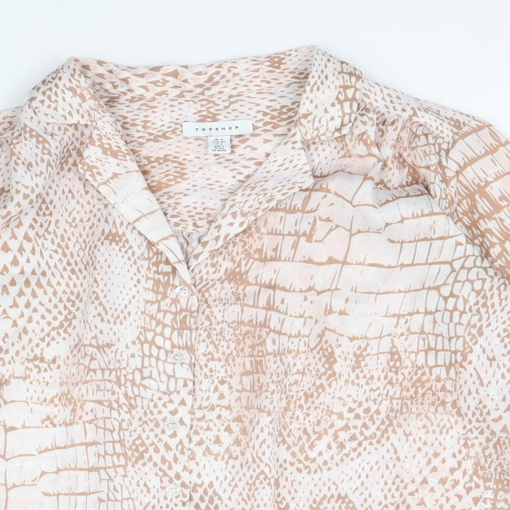 Topshop Womens Beige Animal Print Polyester Basic Button-Up Size 6 Collared - Snake Skin Print