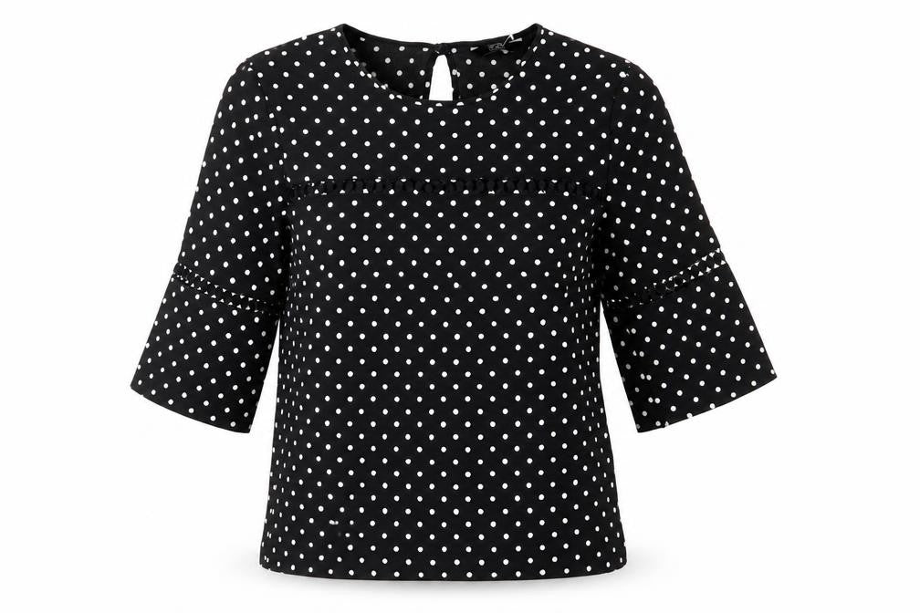 F&F Womens Black Polka Dot Polyester Basic Blouse Size 8 Round Neck