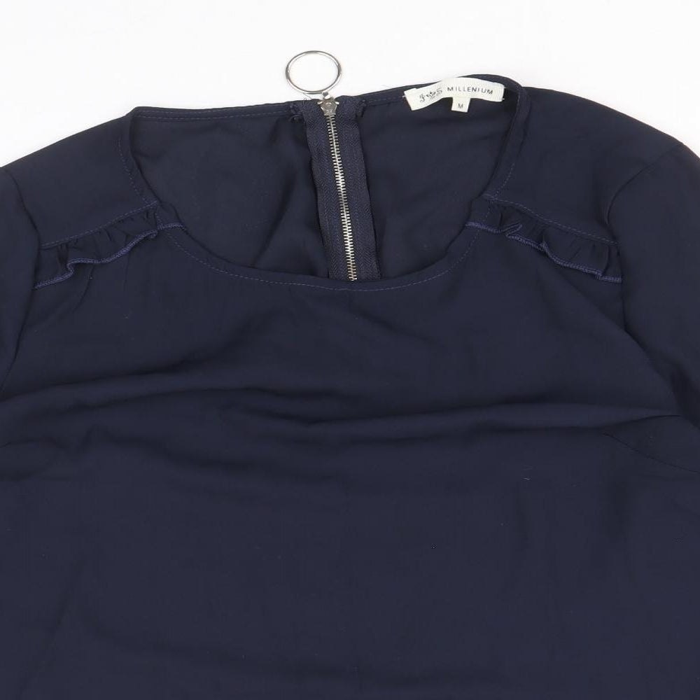 Millenium Womens Blue Polyester Basic Blouse Size M Scoop Neck