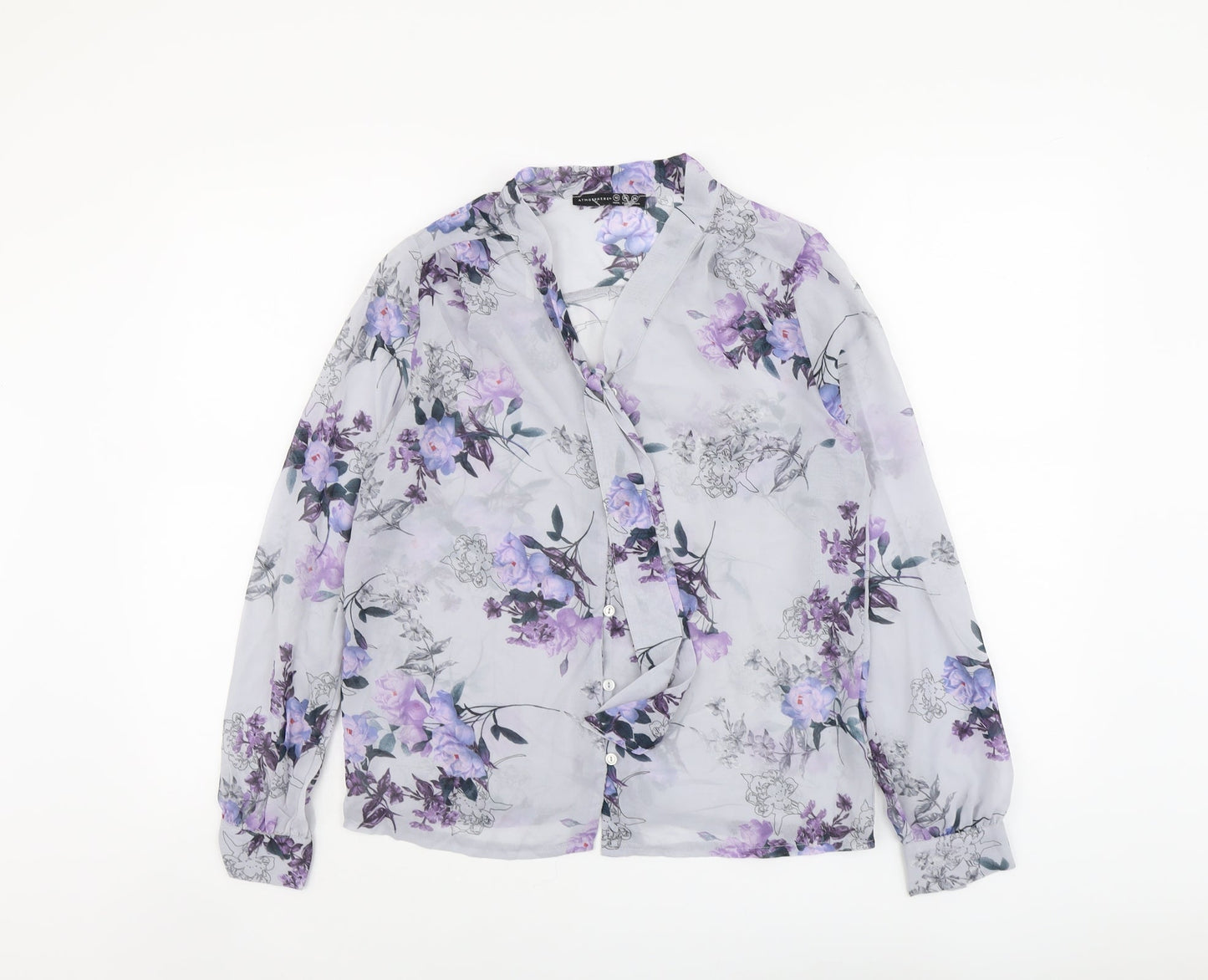 Atmosphere Womens Blue Floral Polyester Basic Button-Up Size 10 V-Neck
