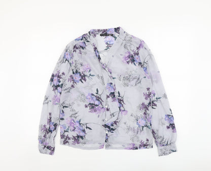 Atmosphere Womens Blue Floral Polyester Basic Button-Up Size 10 V-Neck