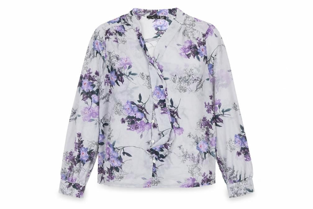 Atmosphere Womens Blue Floral Polyester Basic Button-Up Size 10 V-Neck