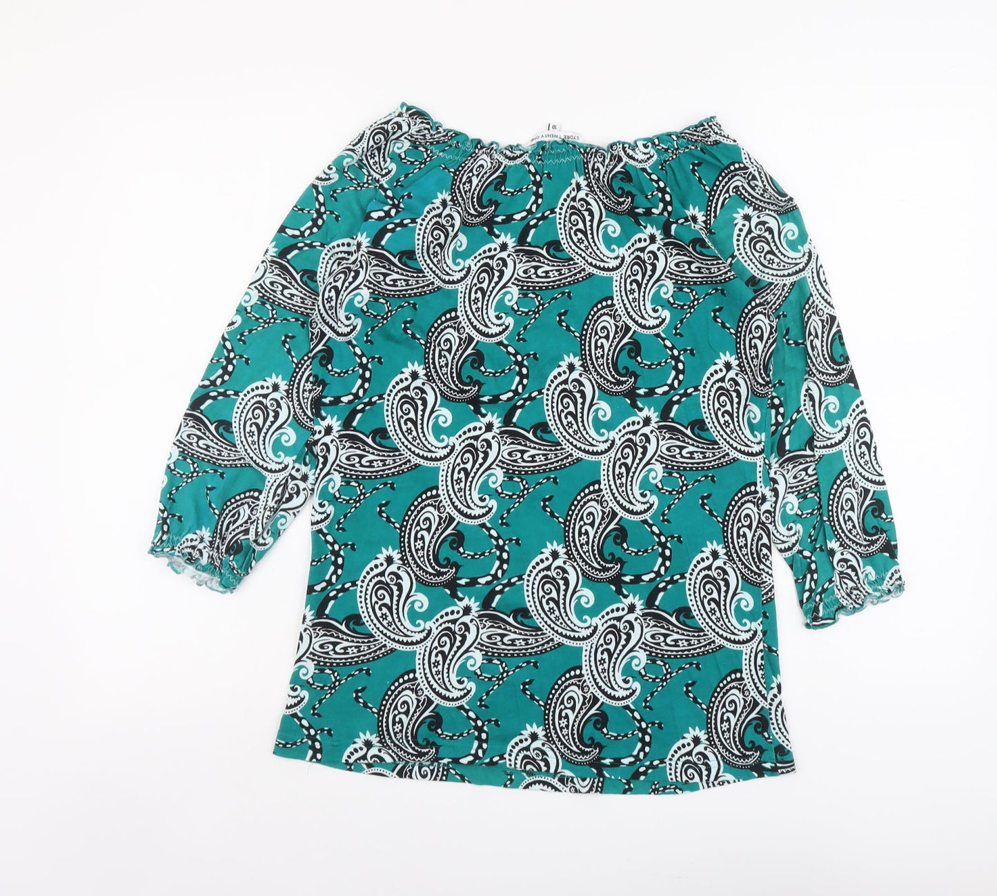 Store Twenty One Womens Green Paisley Cotton Basic Blouse Size 10 Scoop Neck
