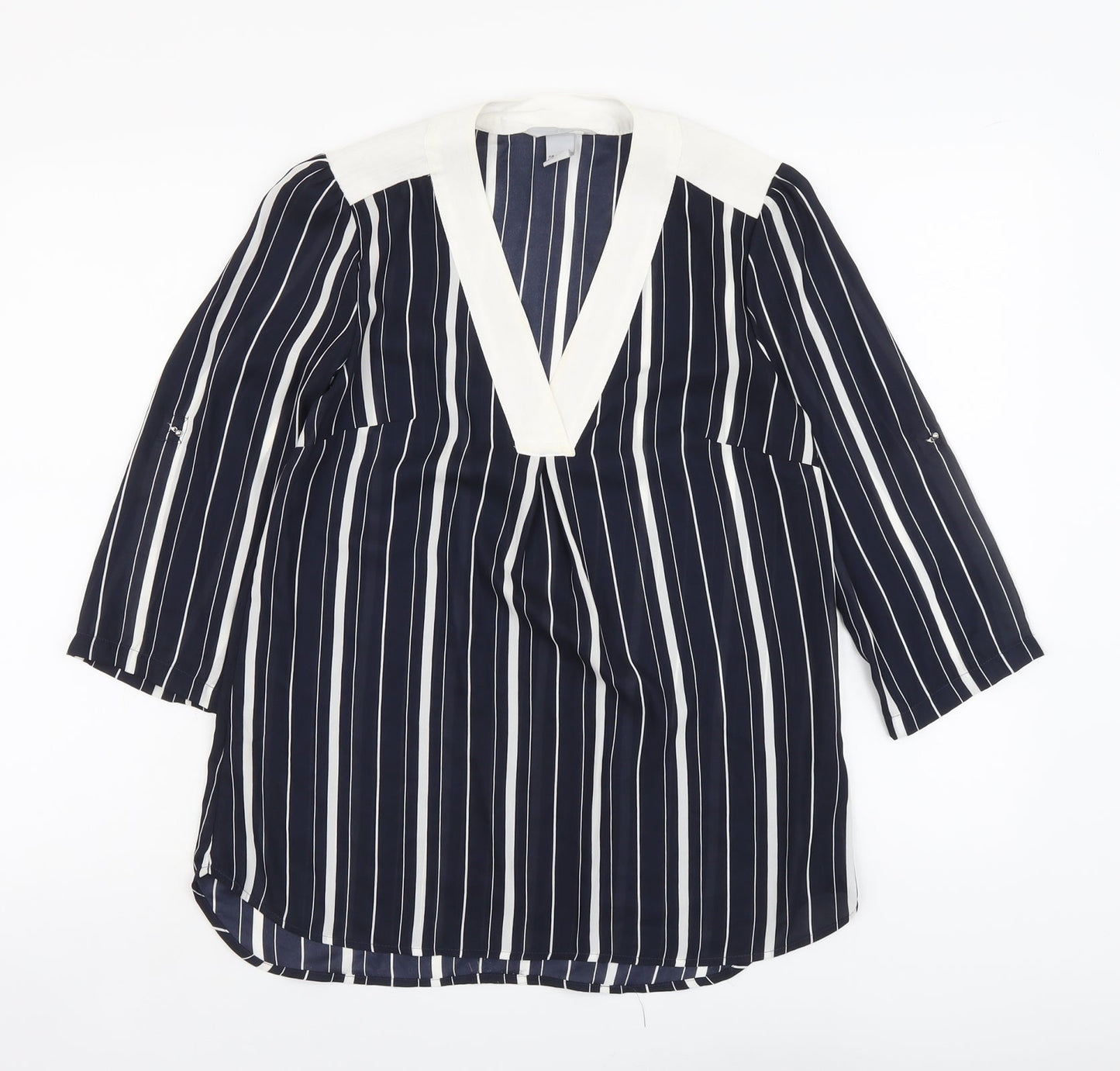 H&M Womens Blue Striped Polyester Basic Blouse Size 8 V-Neck
