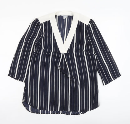H&M Womens Blue Striped Polyester Basic Blouse Size 8 V-Neck
