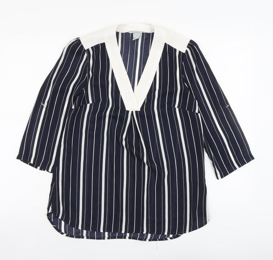 H&M Womens Blue Striped Polyester Basic Blouse Size 8 V-Neck