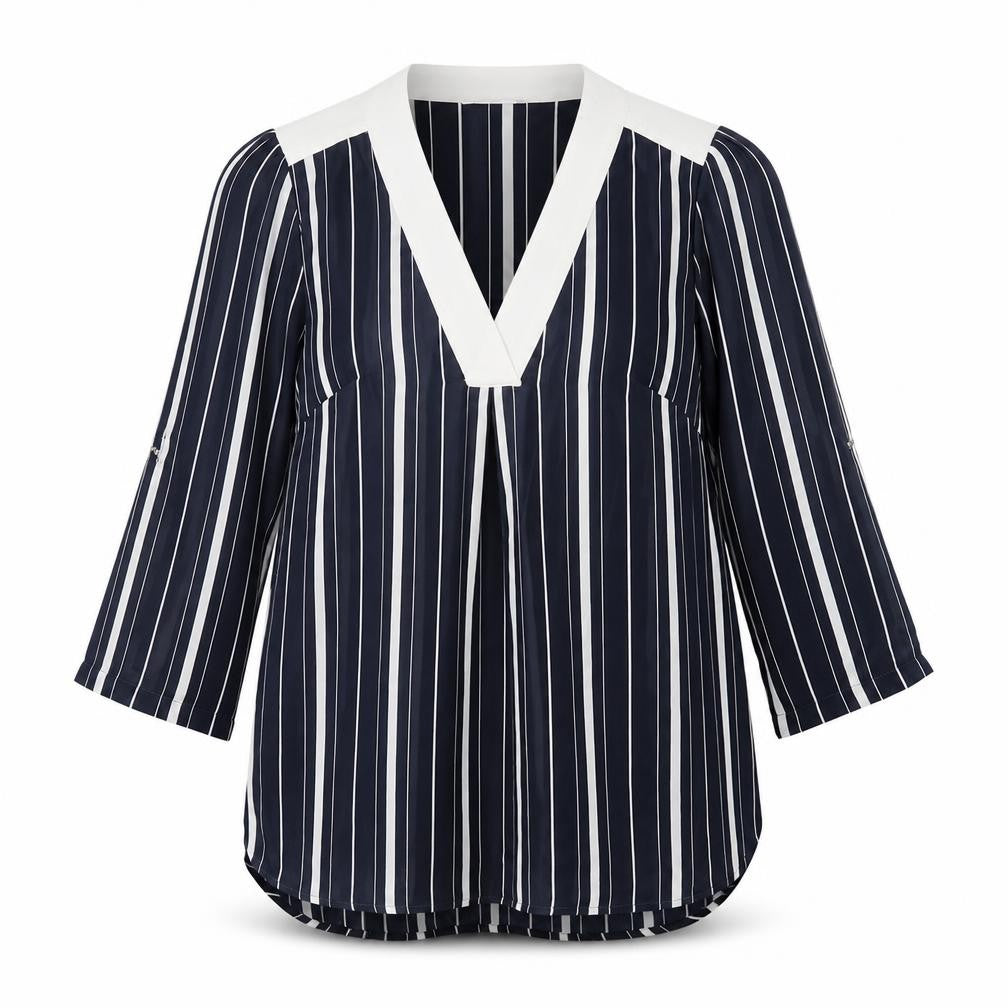 H&M Womens Blue Striped Polyester Basic Blouse Size 8 V-Neck