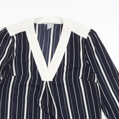 H&M Womens Blue Striped Polyester Basic Blouse Size 8 V-Neck