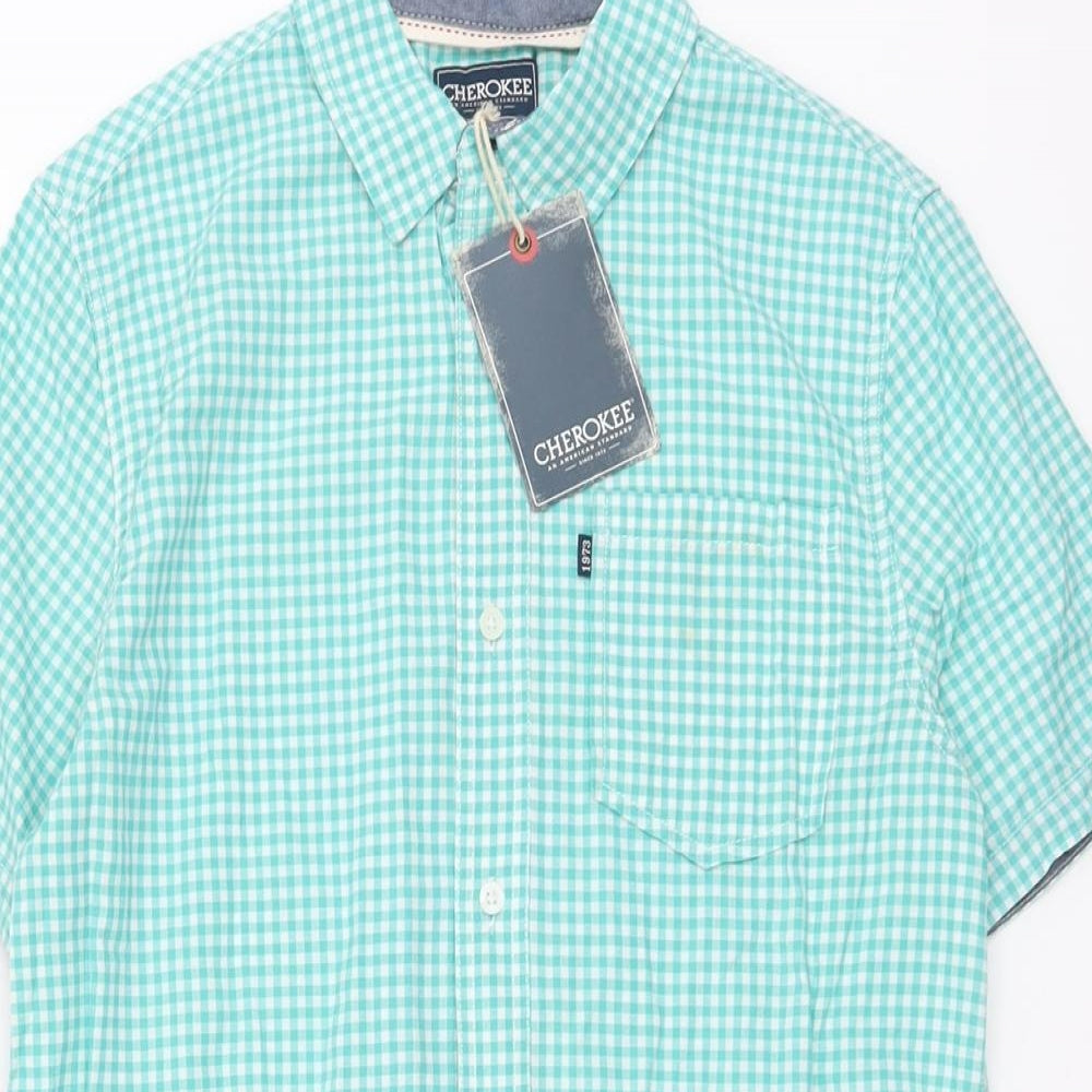 Cherokee Mens Blue Check Cotton Button-Up Size S Collared Button