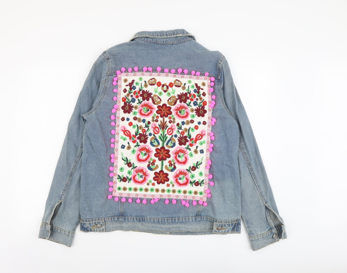 Foreva Young Womens Blue Jacket Size S Button - Flower Detail