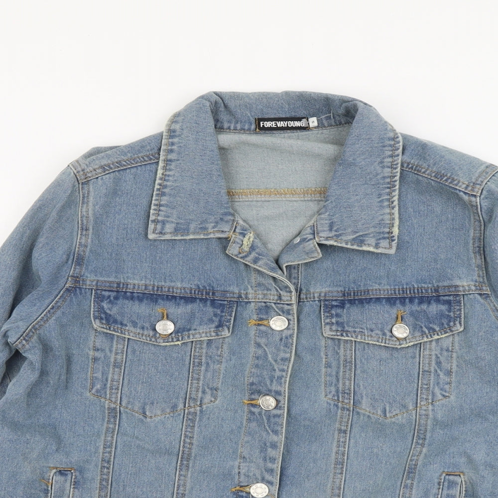Foreva Young Womens Blue Jacket Size S Button - Flower Detail