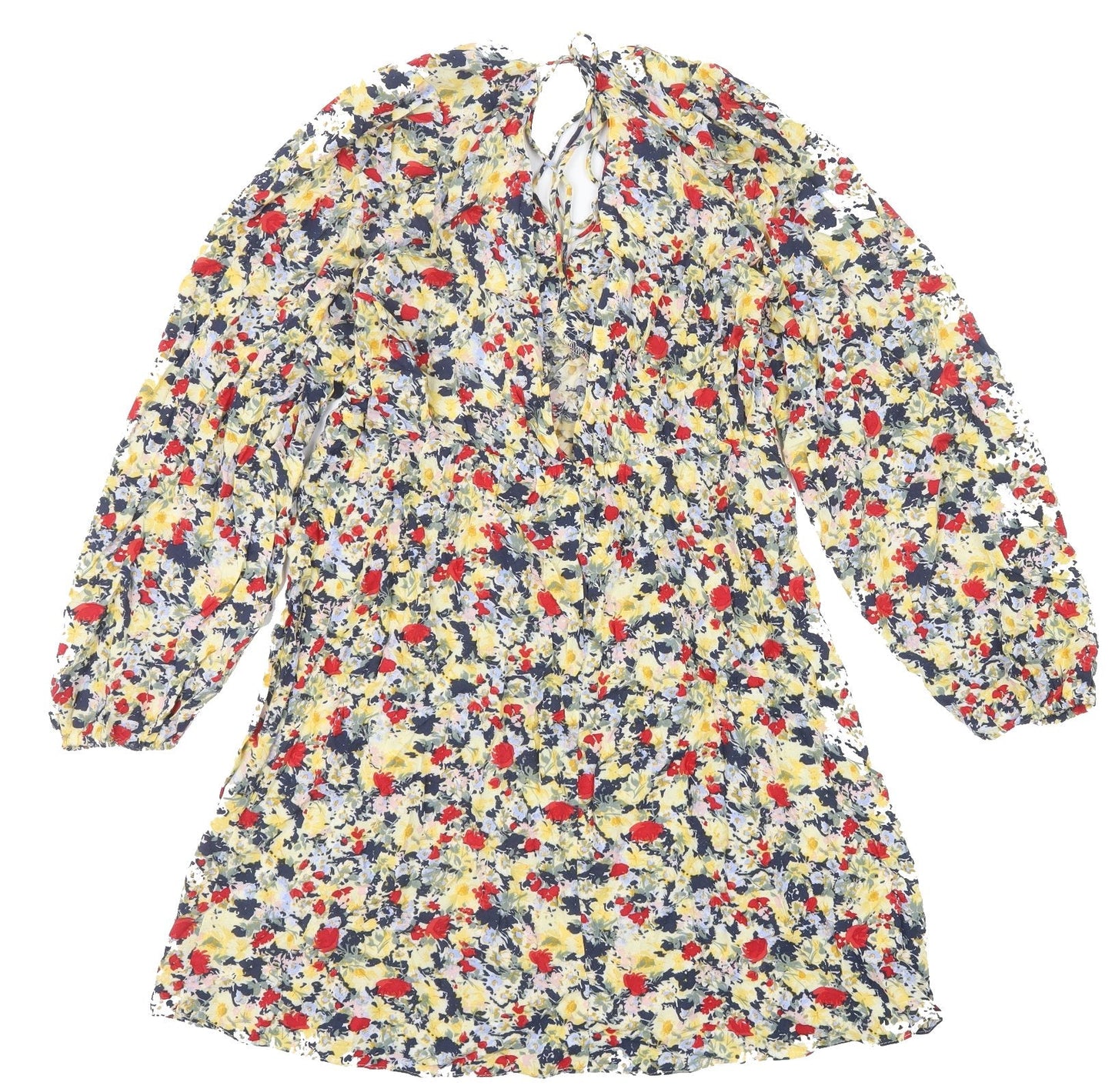 H&M Womens Multicoloured Floral Viscose A-Line Size S V-Neck Tie