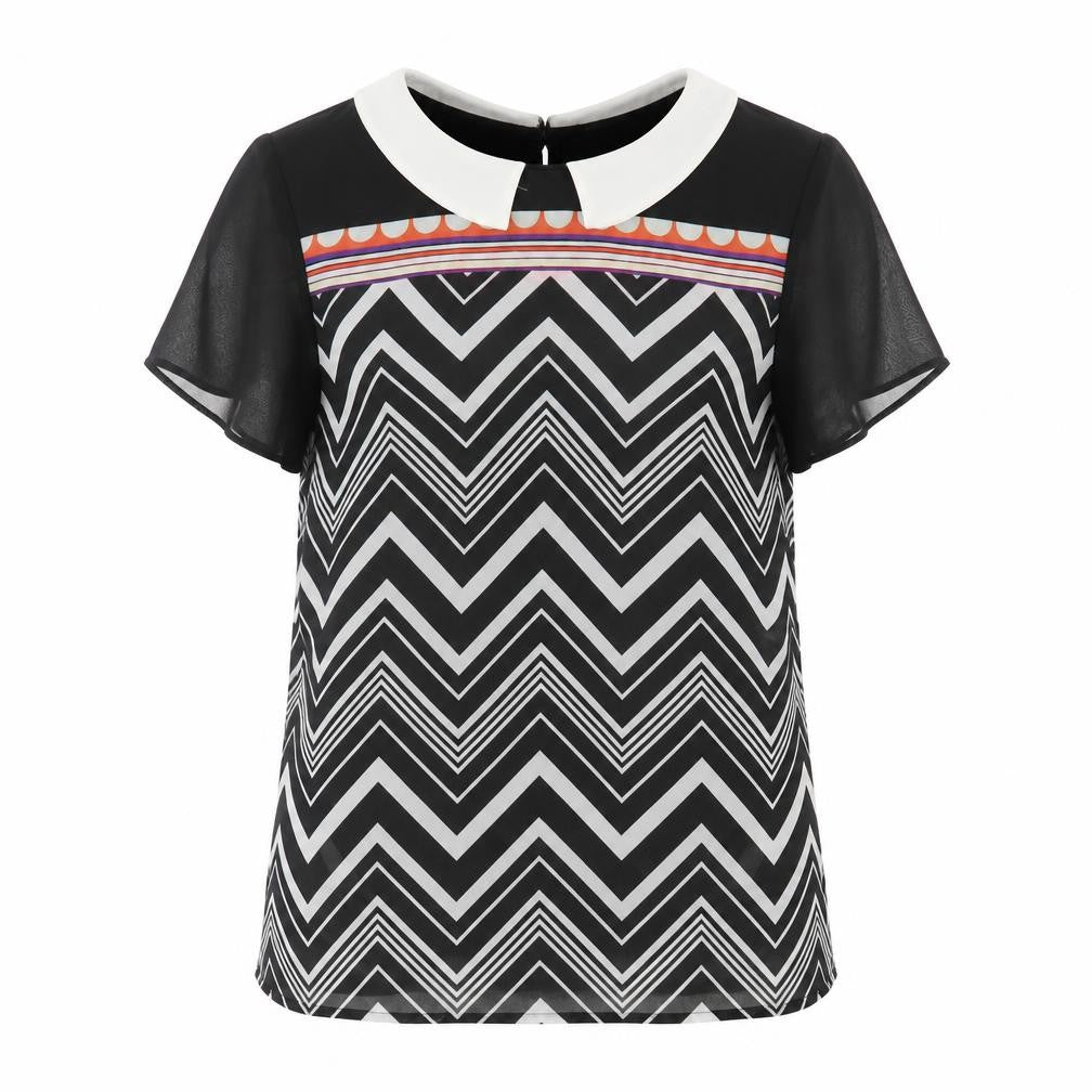Be Beau Womens Black Geometric Polyester Basic Blouse Size 10 Collared