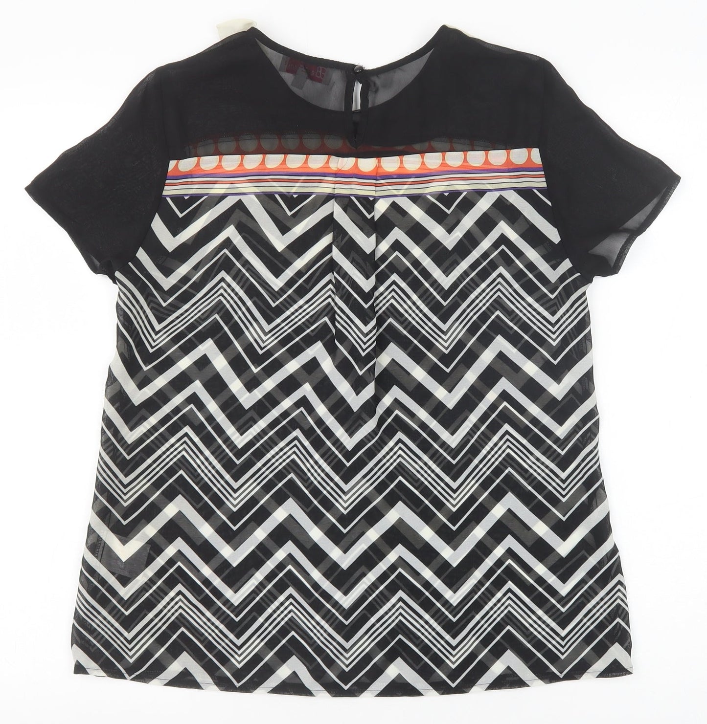 Be Beau Womens Black Geometric Polyester Basic Blouse Size 10 Collared