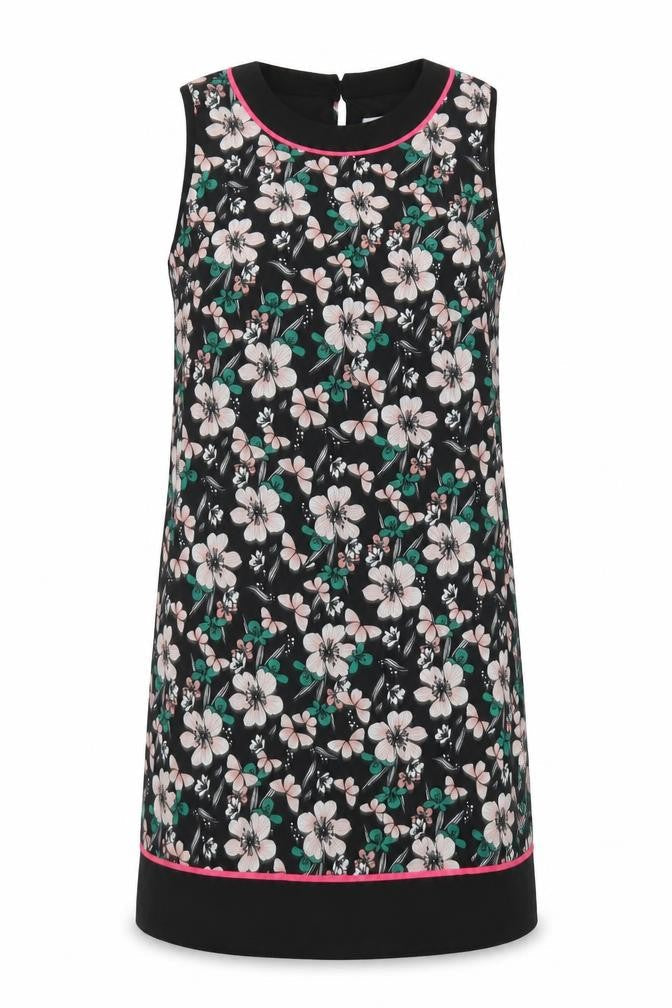 Debenhams Womens Black Floral Polyester Shift Size 10 Round Neck Button