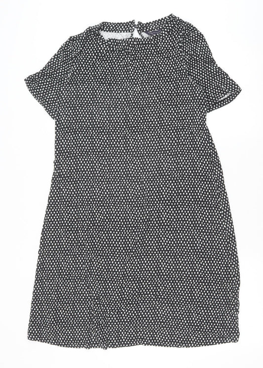 Marks and Spencer Womens Black Geometric Viscose A-Line Size 14 Round Neck Button