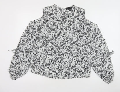 Primark Womens White Geometric Polyester Basic Blouse Size 10 Round Neck - Cold Shoulder