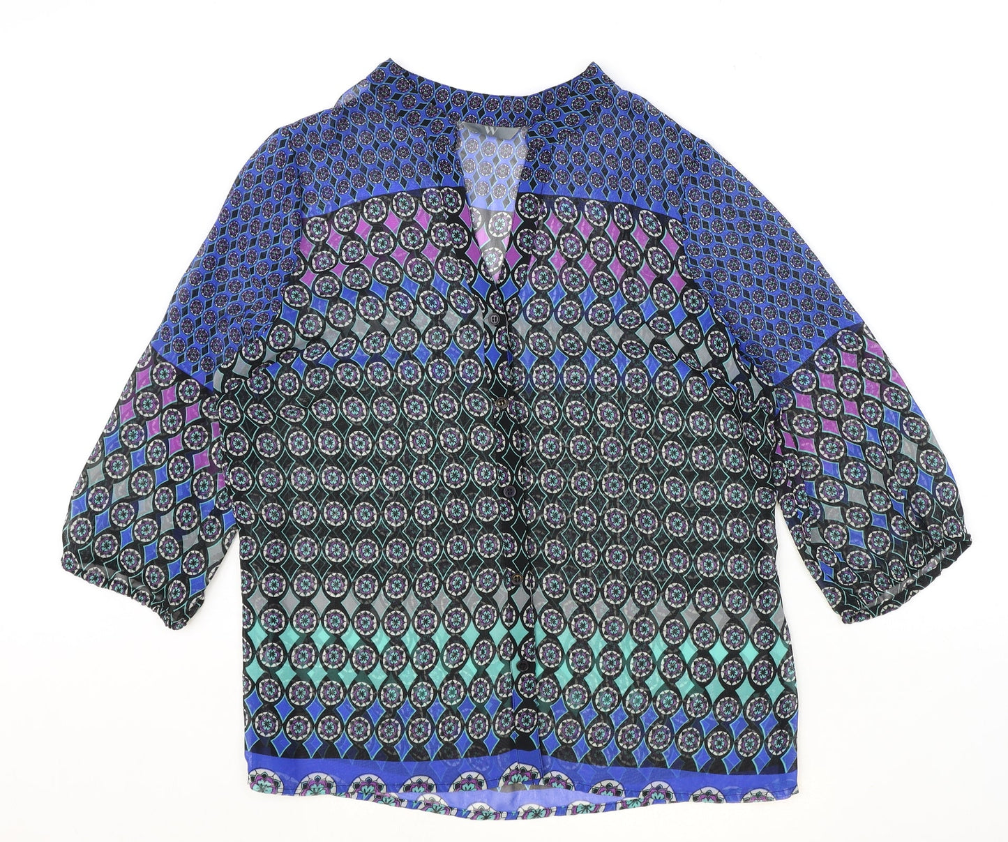BHS Womens Multicoloured Geometric Polyester Basic Blouse Size 14 V-Neck