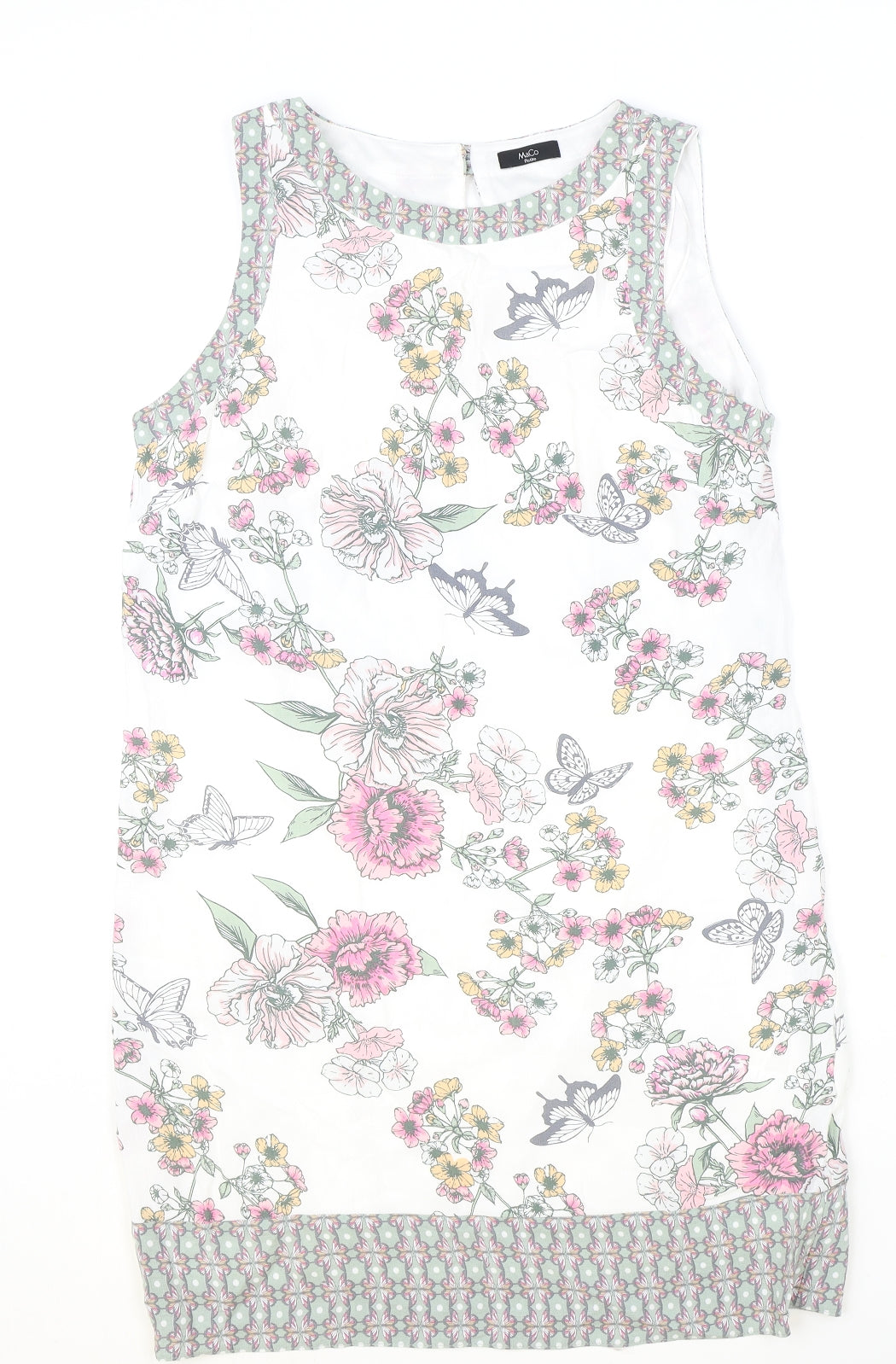 M&Co Womens Ivory Floral Viscose Tank Dress Size 12 Boat Neck Button