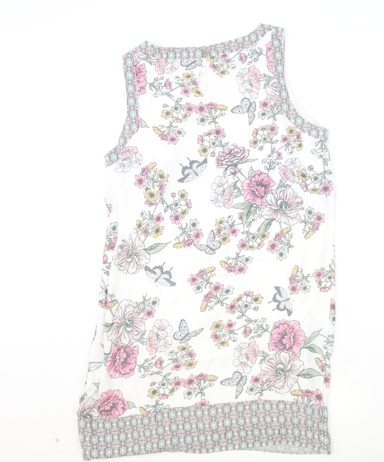 M&Co Womens Ivory Floral Viscose Tank Dress Size 12 Boat Neck Button