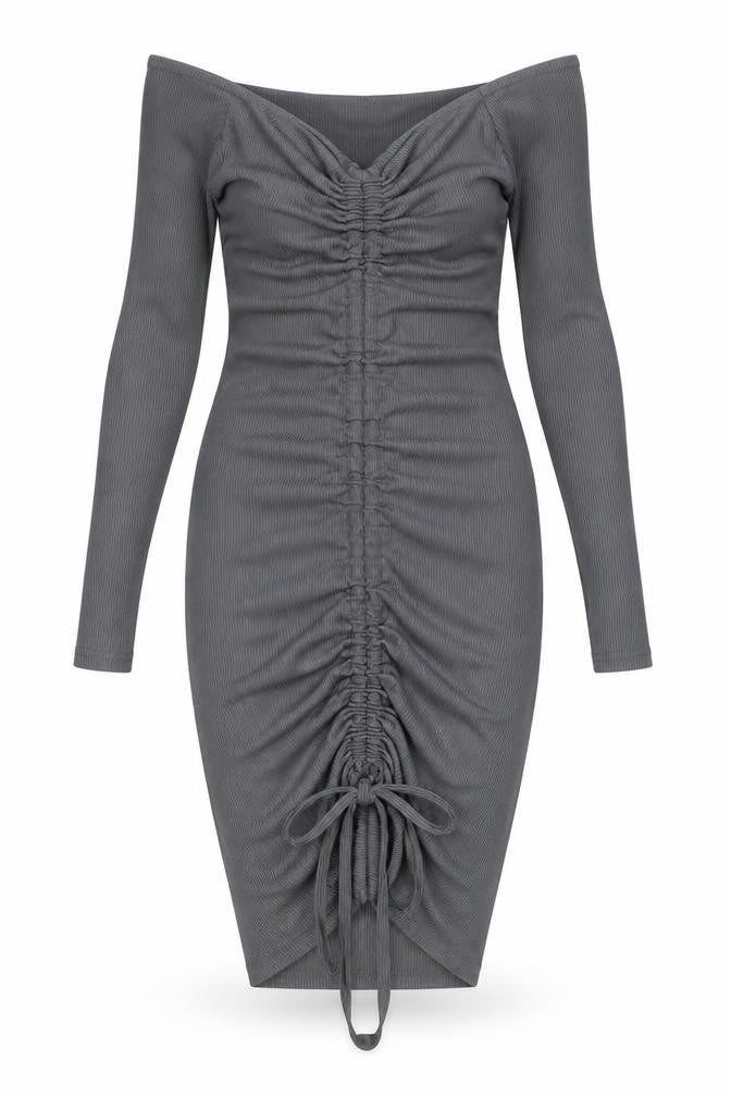 PRETTYLITTLETHING Womens Grey Polyester Bodycon Size 8 V-Neck Pullover - Ruched