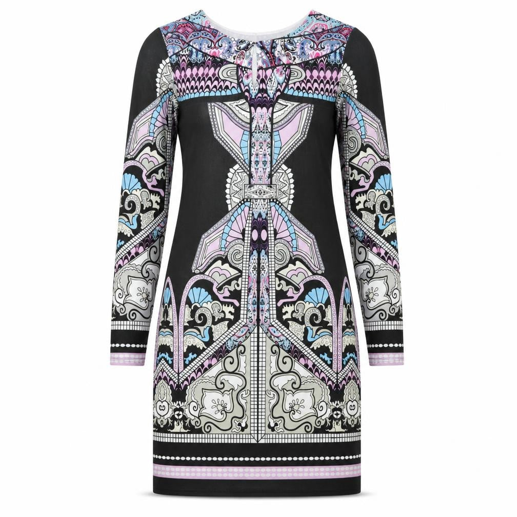 B.You Womens Multicoloured Geometric Polyester Pencil Dress Size 12 Round Neck Pullover