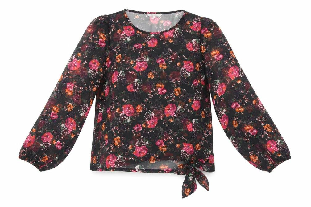 Peacocks Womens Black Floral Polyester Basic Blouse Size 12 Scoop Neck - Tie Front Detail