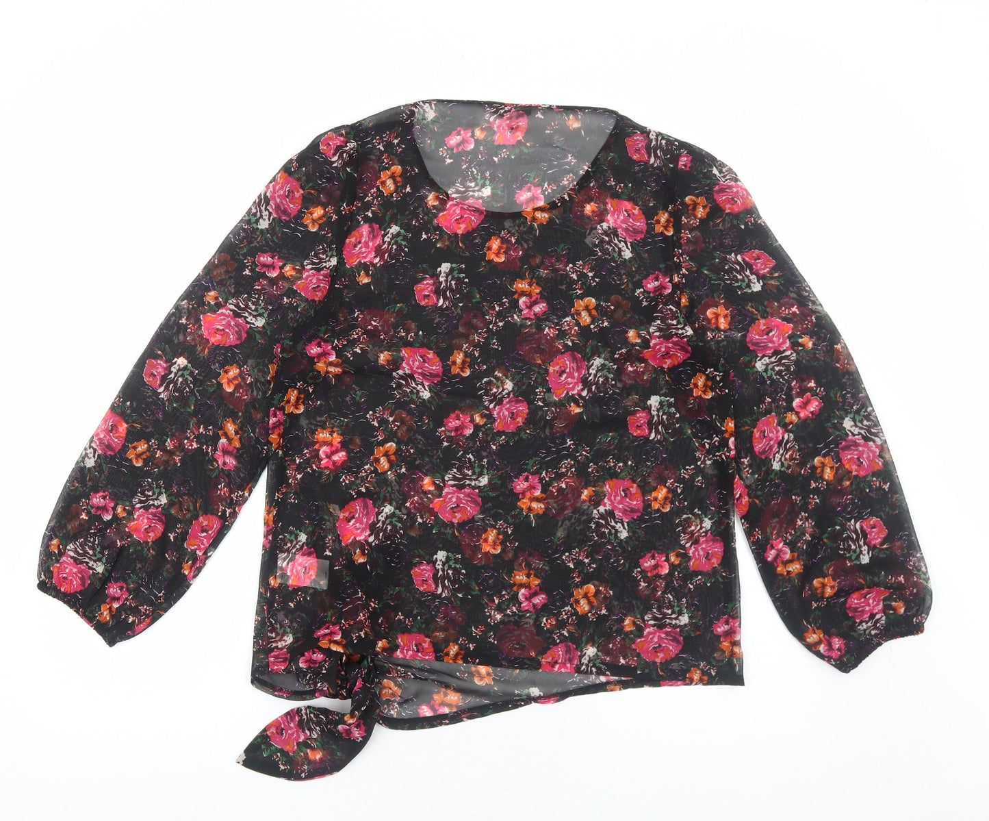 Peacocks Womens Black Floral Polyester Basic Blouse Size 12 Scoop Neck - Tie Front Detail