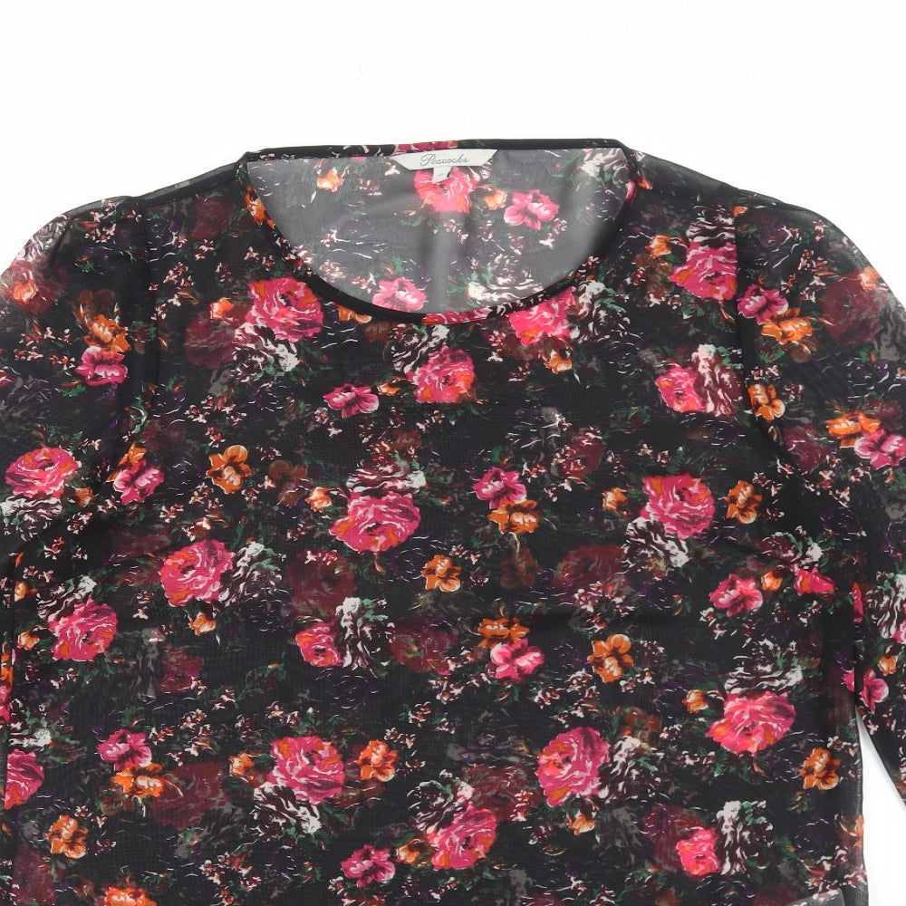 Peacocks Womens Black Floral Polyester Basic Blouse Size 12 Scoop Neck - Tie Front Detail