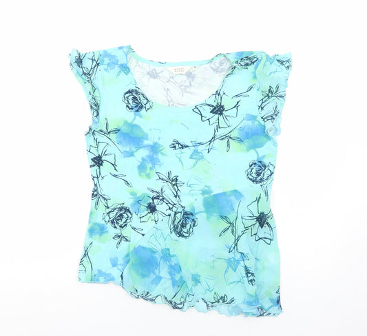Mandy Marsh Womens Blue Floral Polyester Basic Blouse Size 14 Scoop Neck