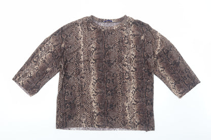 Zara Womens Brown Animal Print Polyester Basic T-Shirt Size S Round Neck - Snake print