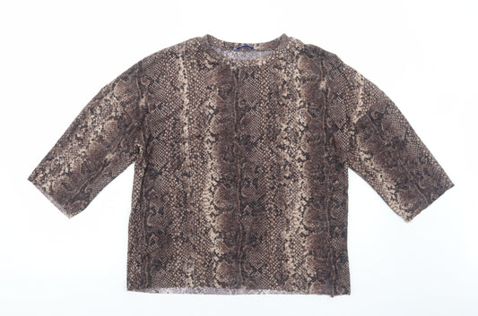Zara Womens Brown Animal Print Polyester Basic T-Shirt Size S Round Neck - Snake print