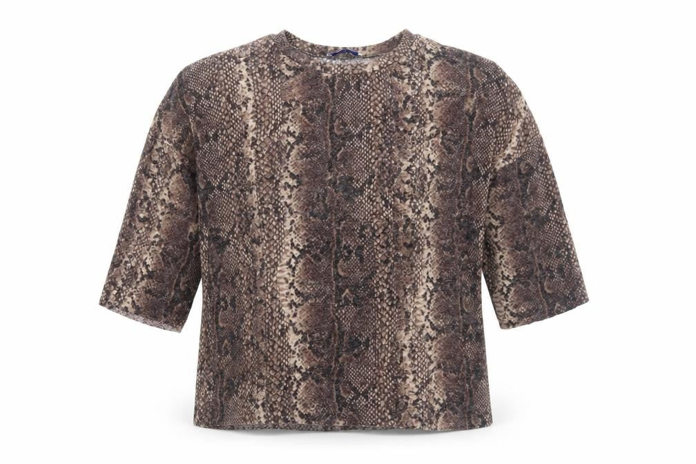 Zara Womens Brown Animal Print Polyester Basic T-Shirt Size S Round Neck - Snake print