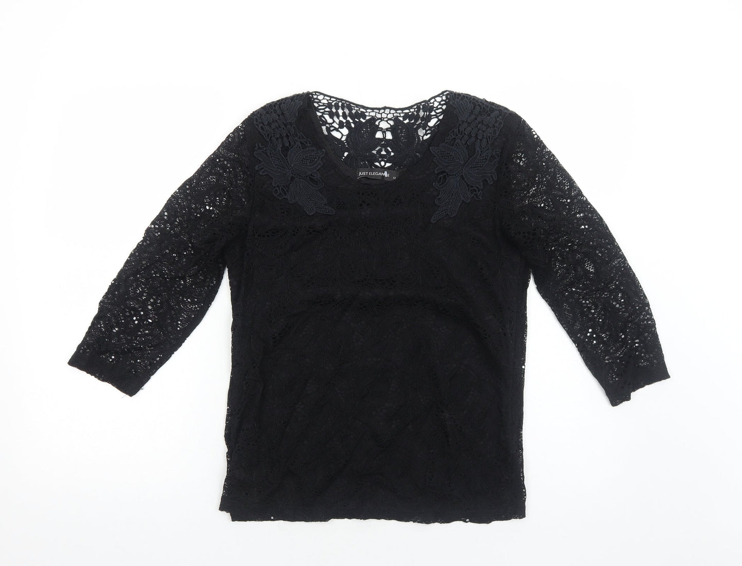 Just Elegance Womens Black Cotton Basic Blouse Size 12 Round Neck