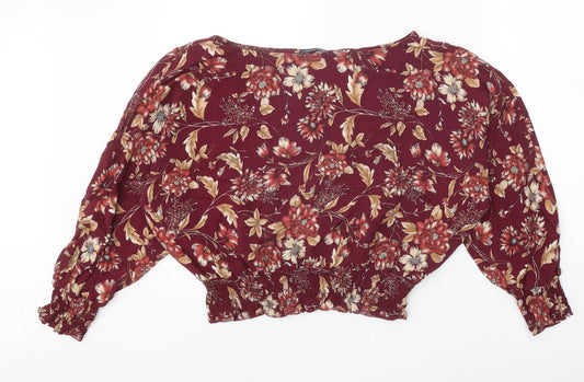 Marks and Spencer Womens Red Floral Viscose Basic Blouse Size 14 Round Neck