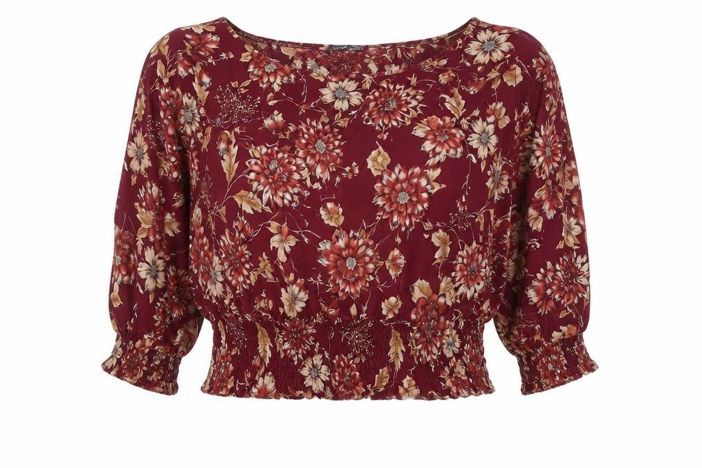 Marks & Spencer Womens Red Floral Viscose Basic Blouse Size 14 Round Neck